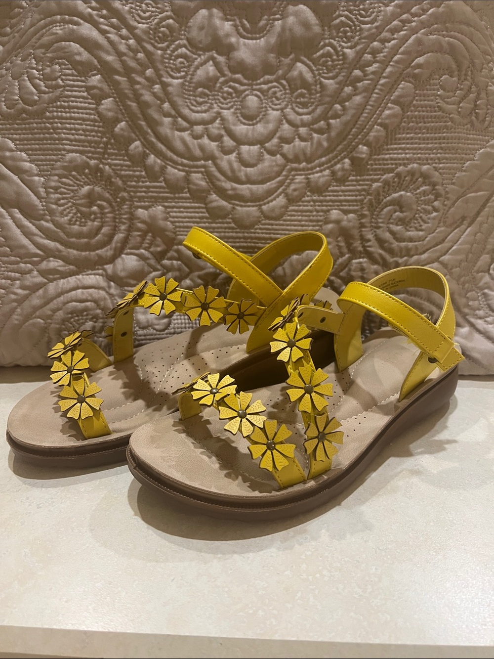Yellow Floral-Strap Women's Sandals with Ankle Strap